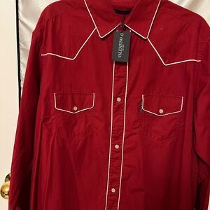 Valentino Red Western-Style Button-Down Shirt with White Piping